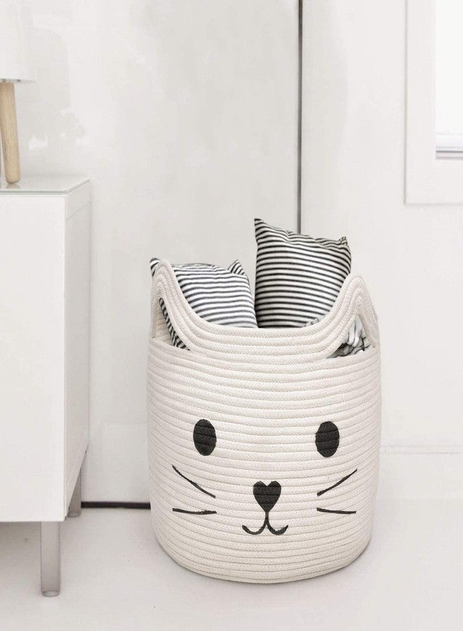 Gleckn Cotton Rope Basket with Handle, Cat Toys Storage Bin for Kids Pets, Cute Woven Containers Holder for Playing Room, Bed Room 15.7" L×13" H (White) - Image 4